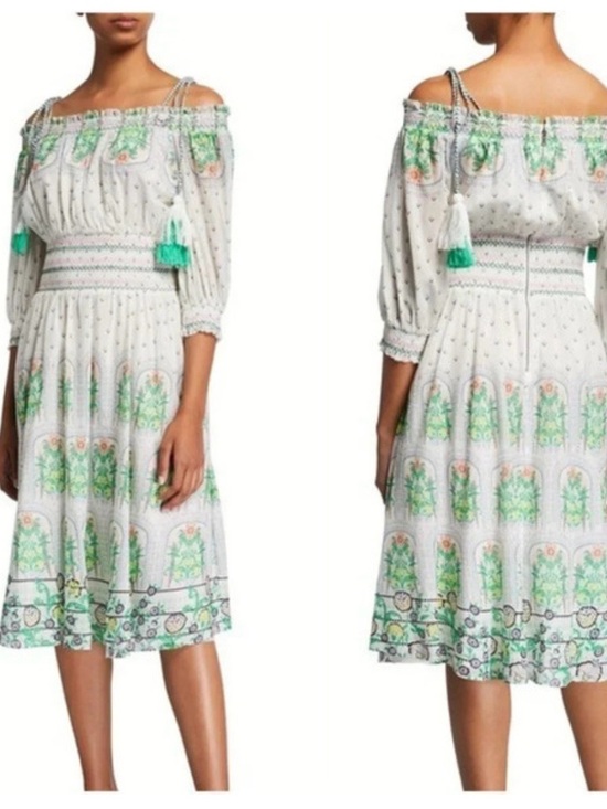 Alice + Olivia Dresses & Skirts - ALICE + OLIVIA Off-Shoulder Smocked Dress with Green Floral Print (Small petite)